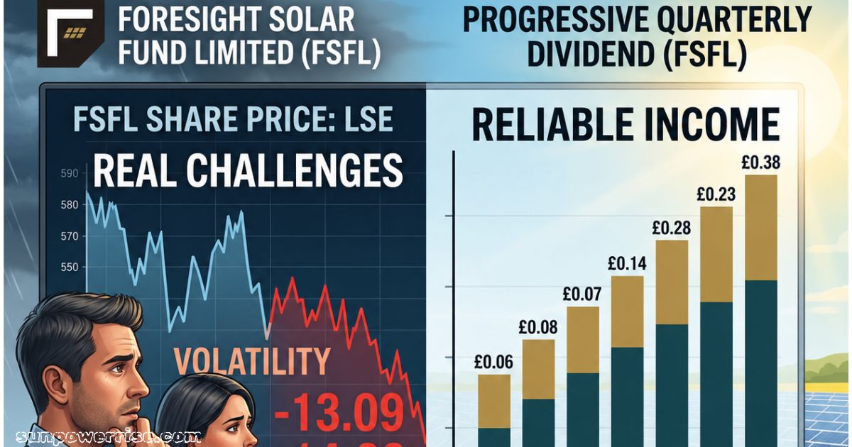 Foresight Solar share price analysis with dividend growth chart, stock volatility, and investment outlook.