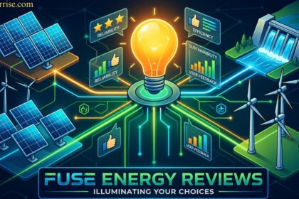 Fuse Energy reviews graphic with solar farms, wind turbines, hydroelectric power, and energy efficiency indicators.