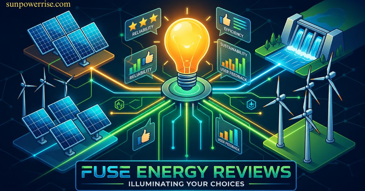 Fuse Energy reviews graphic with solar farms, wind turbines, hydroelectric power, and energy efficiency indicators.