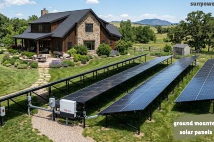 Ground mounted solar panels installed beside a modern countryside home, generating clean renewable energy with a large solar array.