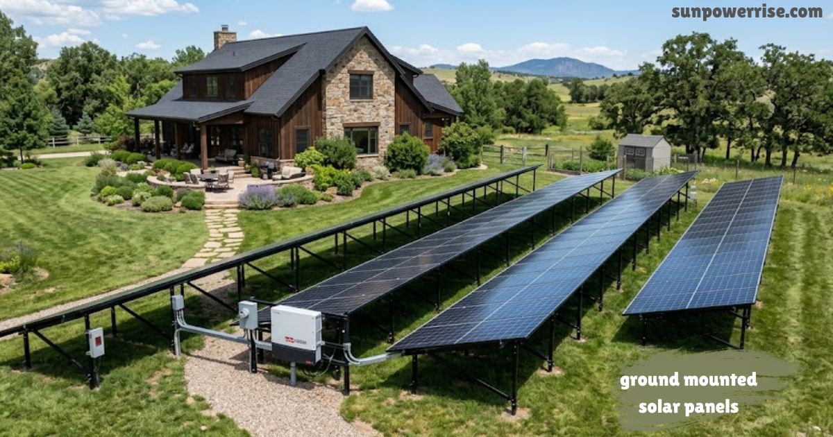 Ground mounted solar panels installed beside a modern countryside home, generating clean renewable energy with a large solar array.