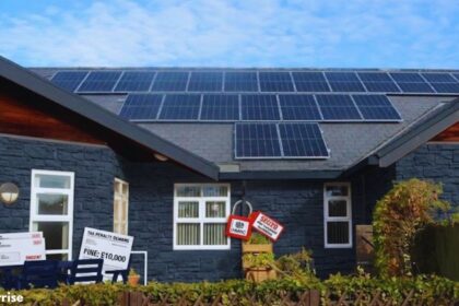HMRC solar panel fines concept showing a home with rooftop solar panels and tax warning notices.
