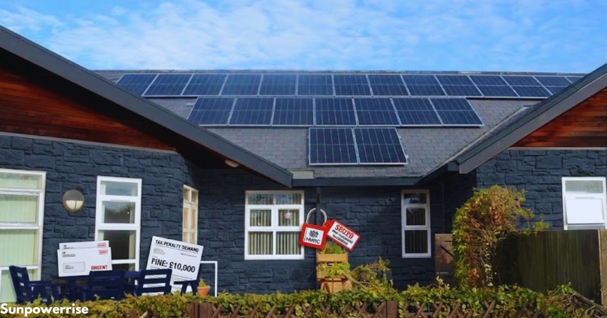 HMRC solar panel fines concept showing a home with rooftop solar panels and tax warning notices.