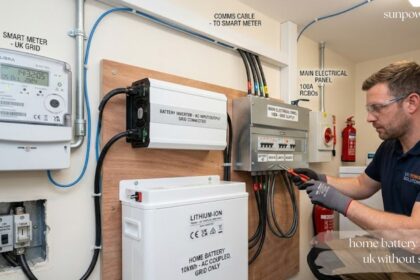 Home battery storage UK without solar system connected to a smart meter and hybrid inverter during professional installation.