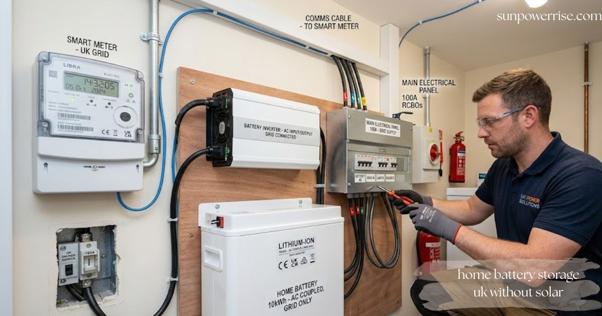 Home battery storage UK without solar system connected to a smart meter and hybrid inverter during professional installation.