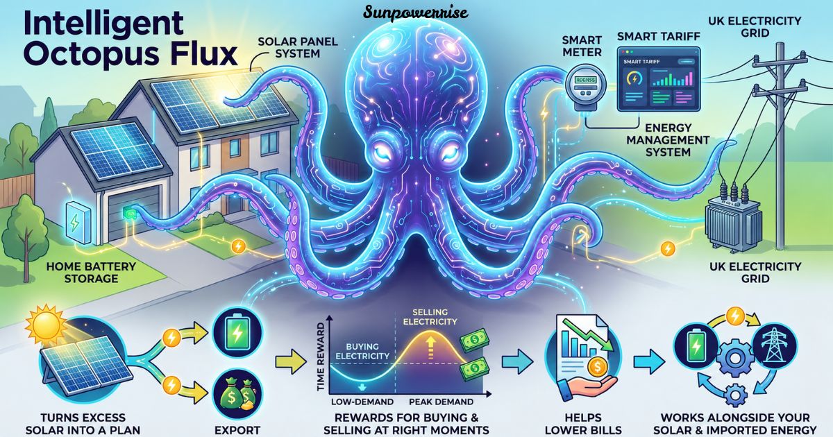 Intelligent octopus flux infographic showing solar panels, home battery storage, smart meter, and UK electricity grid integration.