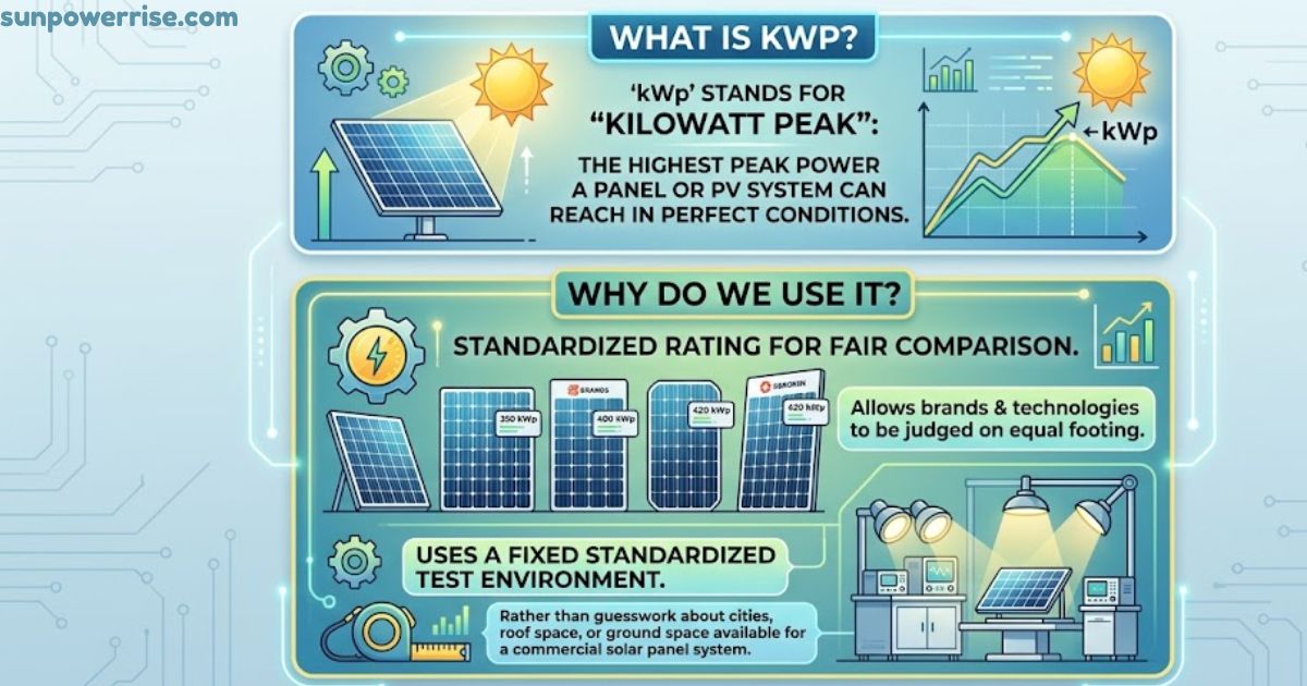 kwp infographic explaining kilowatt peak rating and standardized solar panel power measurement