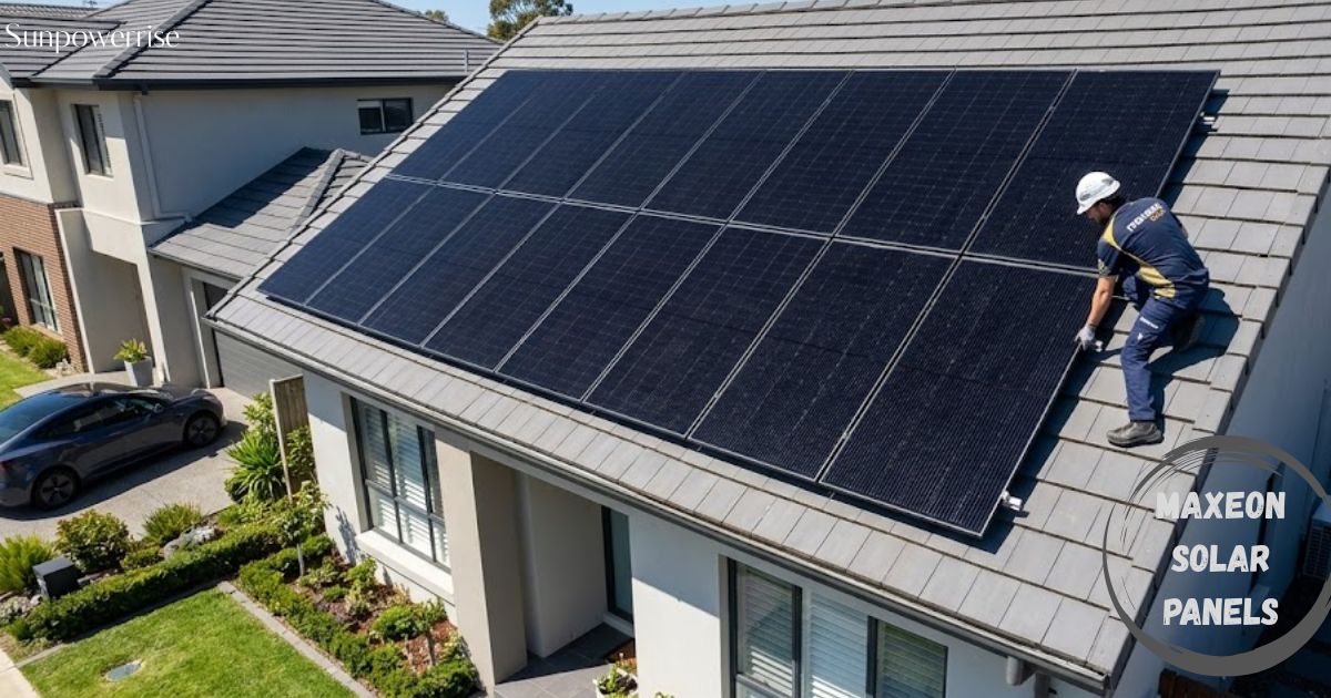 Maxeon solar panels installed on a residential rooftop in bright sunlight.