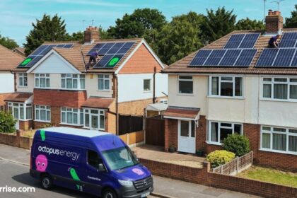 Octopus solar panels installed across suburban homes with an Octopus Energy van parked nearby.