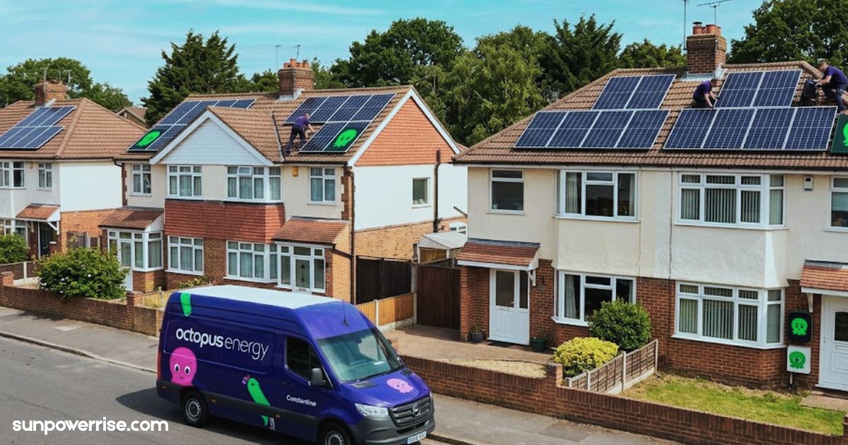 Octopus solar panels installed across suburban homes with an Octopus Energy van parked nearby.