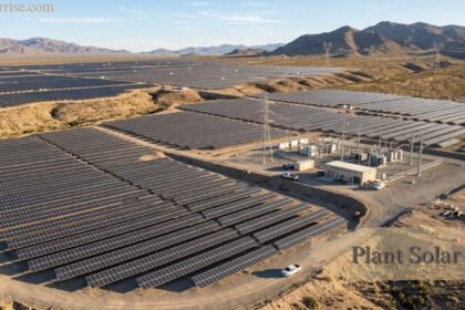Plant solar facility with thousands of photovoltaic panels across a desert landscape.