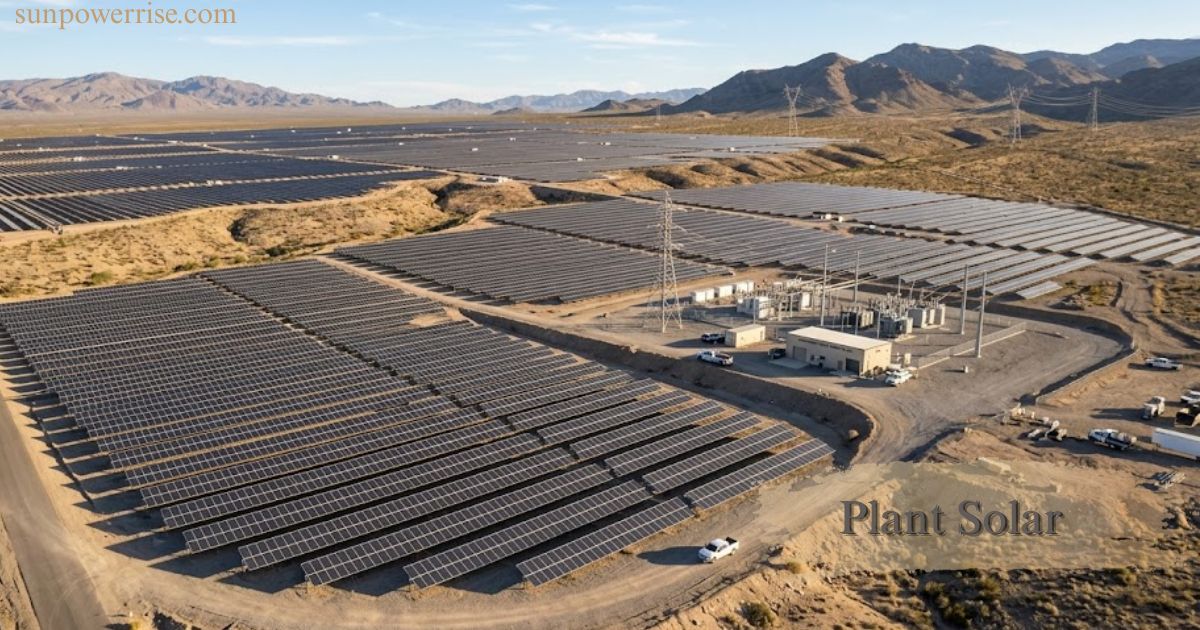 Plant solar facility with thousands of photovoltaic panels across a desert landscape.