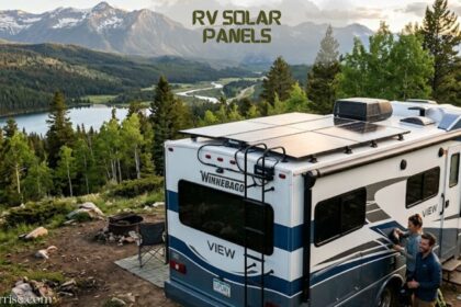 RV solar panels installed on a motorhome parked in a scenic mountain campsite, providing off-grid solar power for camping adventures.