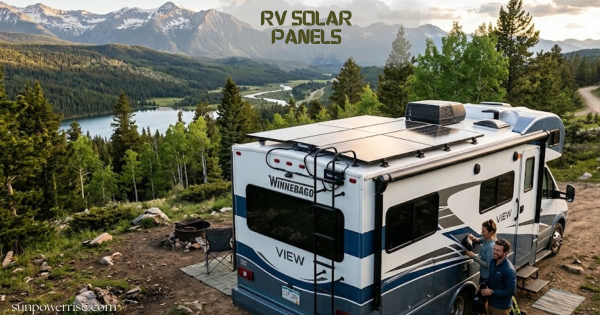 RV solar panels installed on a motorhome parked in a scenic mountain campsite, providing off-grid solar power for camping adventures.
