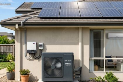 Solar air conditioner powered by rooftop solar panels on a modern apartment building with an energy-efficient cooling system