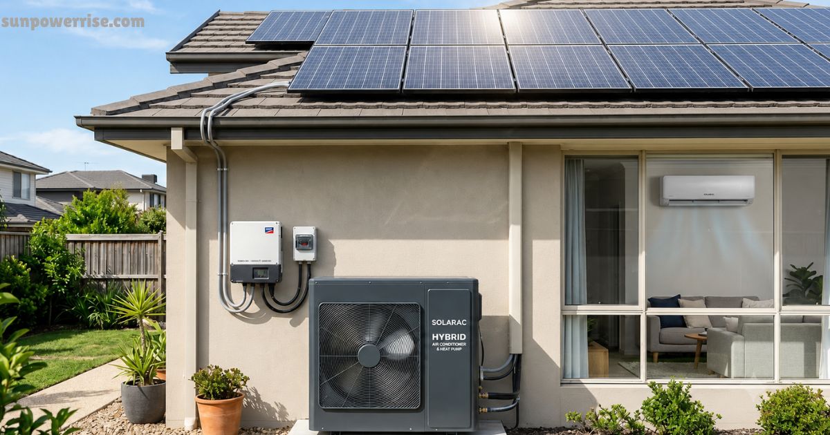 Solar air conditioner powered by rooftop solar panels on a modern apartment building with an energy-efficient cooling system
