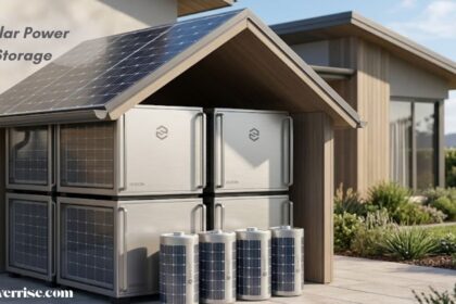 Modern solar battery storage unit connected to residential solar pane