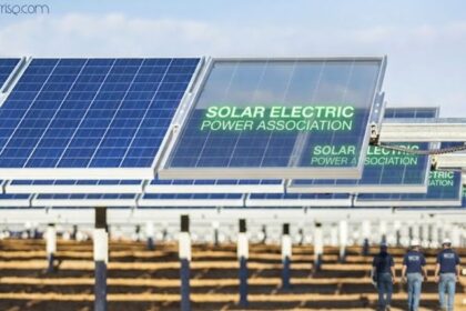 Solar Electric Power Association displayed on solar panels at a utility-scale photovoltaic power plant.