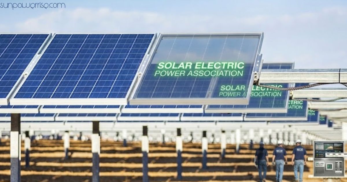 Solar Electric Power Association displayed on solar panels at a utility-scale photovoltaic power plant.