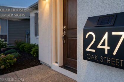 Solar house number signs mounted beside a front door with illuminated address numbers for easy nighttime visibility.