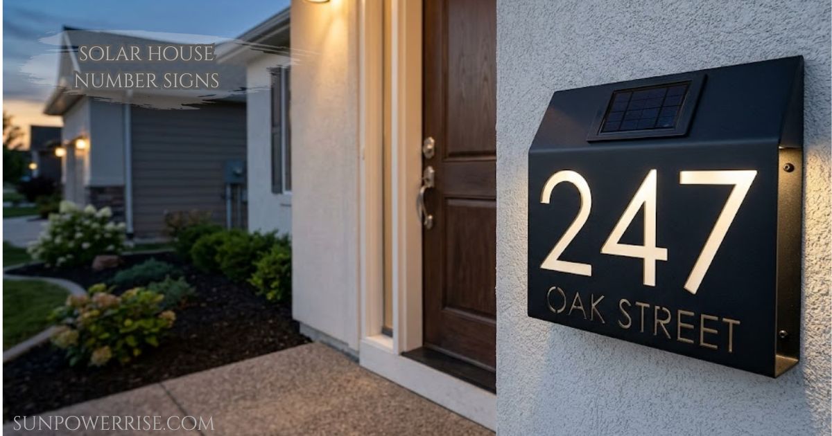 Solar house number signs mounted beside a front door with illuminated address numbers for easy nighttime visibility.