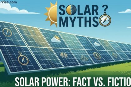 Solar myth concept image highlighting misconceptions and truths about solar power with a large solar panel installation.