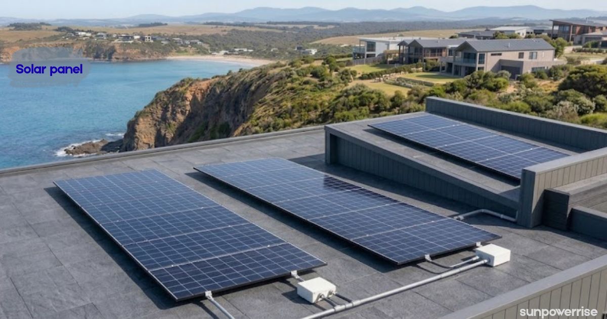 Solar panel system installed on a modern rooftop overlooking the coastline, providing clean and renewable energy.