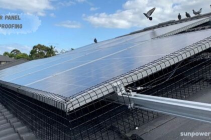 Solar panel bird proofing mesh securely fitted around rooftop solar panels to stop pigeons.