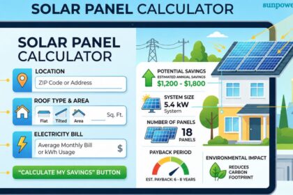 Solar panel calculator showing estimated savings, system size, number of panels, payback period, and environmental impact for a residential solar installation.