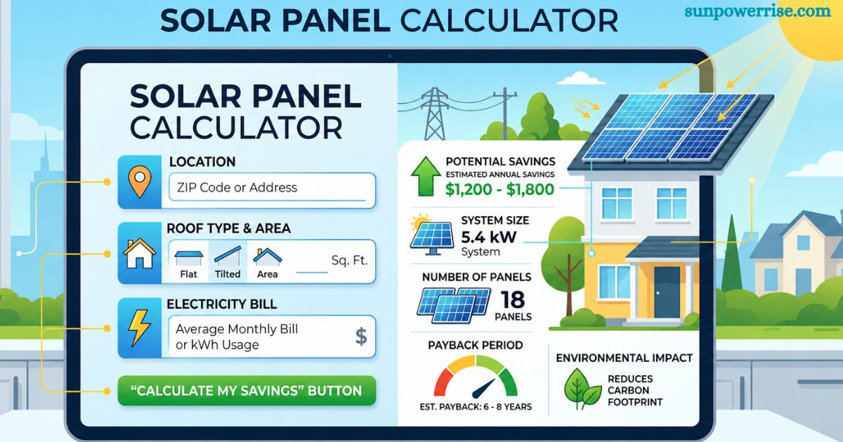 Solar panel calculator showing estimated savings, system size, number of panels, payback period, and environmental impact for a residential solar installation.