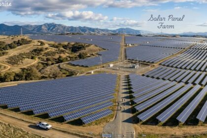 Expansive solar panel farm producing clean electricity with rows of photovoltaic panels.