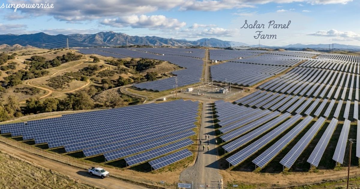 Expansive solar panel farm producing clean electricity with rows of photovoltaic panels.