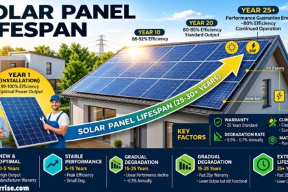 Solar panel lifespan guide showing installation, performance decline, and expected 25 to 30-year durability.