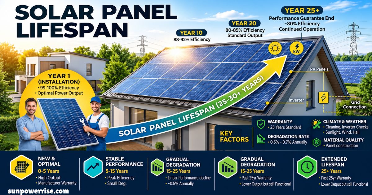 Solar panel lifespan guide showing installation, performance decline, and expected 25 to 30-year durability.