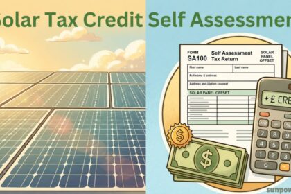 Solar panel tax self assessment banner with solar array, tax documents, calculator, and financial incentives.