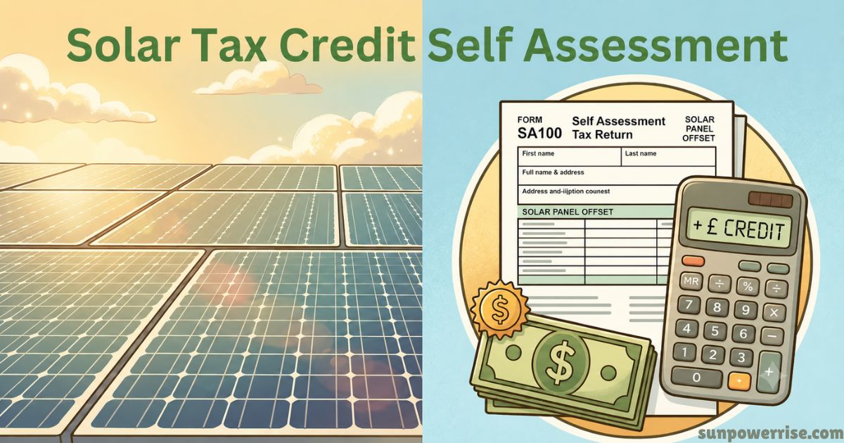 Solar panel tax self assessment banner with solar array, tax documents, calculator, and financial incentives.