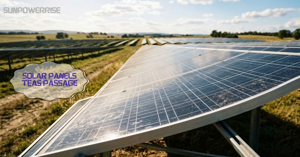 Solar panels teas passage showing rows of solar panels in a renewable energy project.