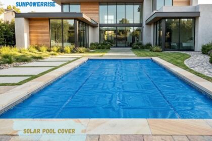 Blue solar pool cover protecting a residential swimming pool while improving water temperature and energy efficiency.