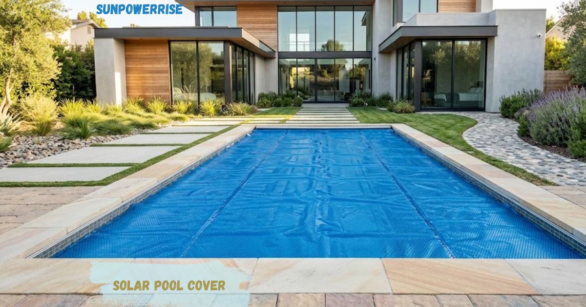 Blue solar pool cover protecting a residential swimming pool while improving water temperature and energy efficiency.