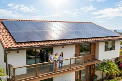 Modern house with rooftop solar panels illustrating solar power benefits and drawbacks, including energy savings, sustainability, and installation costs.