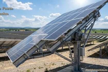 Solar power tracker supporting tilted solar panels in a utility-scale solar energy installation under a clear blue sky.