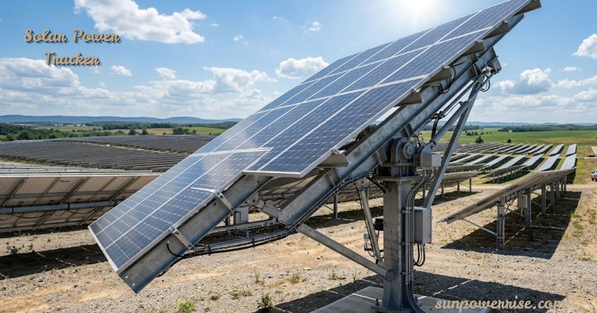 Solar power tracker supporting tilted solar panels in a utility-scale solar energy installation under a clear blue sky.