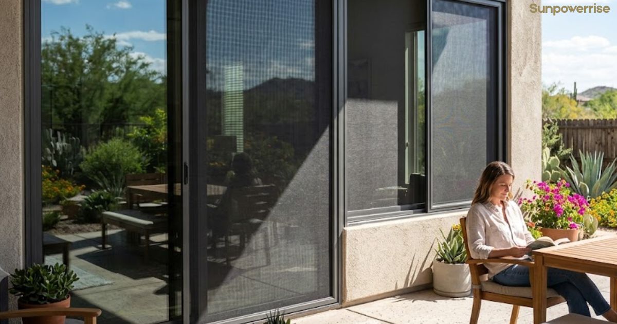 Modern home featuring solar screen window coverings for improved energy efficiency and comfort.