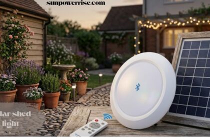 Solar shed light with Bluetooth control, remote, and solar panel displayed in a landscaped backyard at dusk.