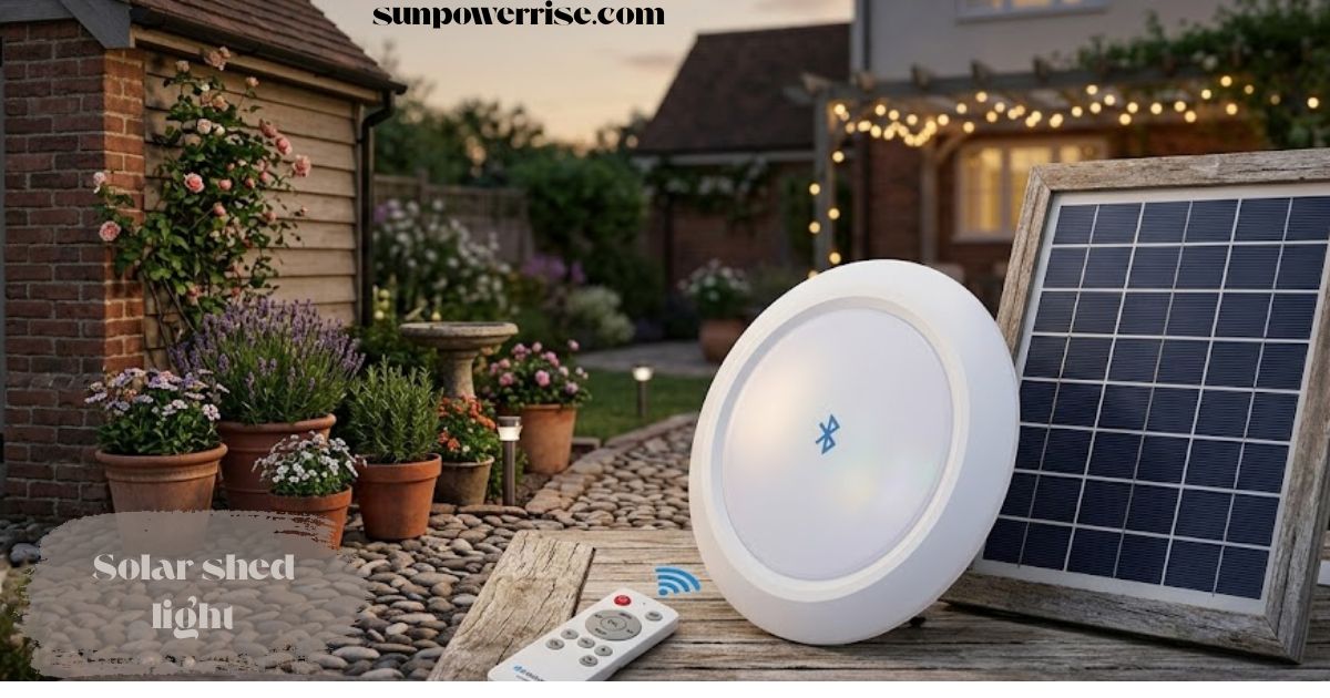 Solar shed light with Bluetooth control, remote, and solar panel displayed in a landscaped backyard at dusk.