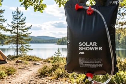 Black solar shower bag heating water naturally under direct sunlight.
