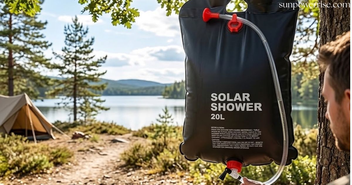 Black solar shower bag heating water naturally under direct sunlight.