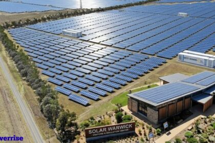 Solar Warwick farm with thousands of photovoltaic panels producing renewable electricity.