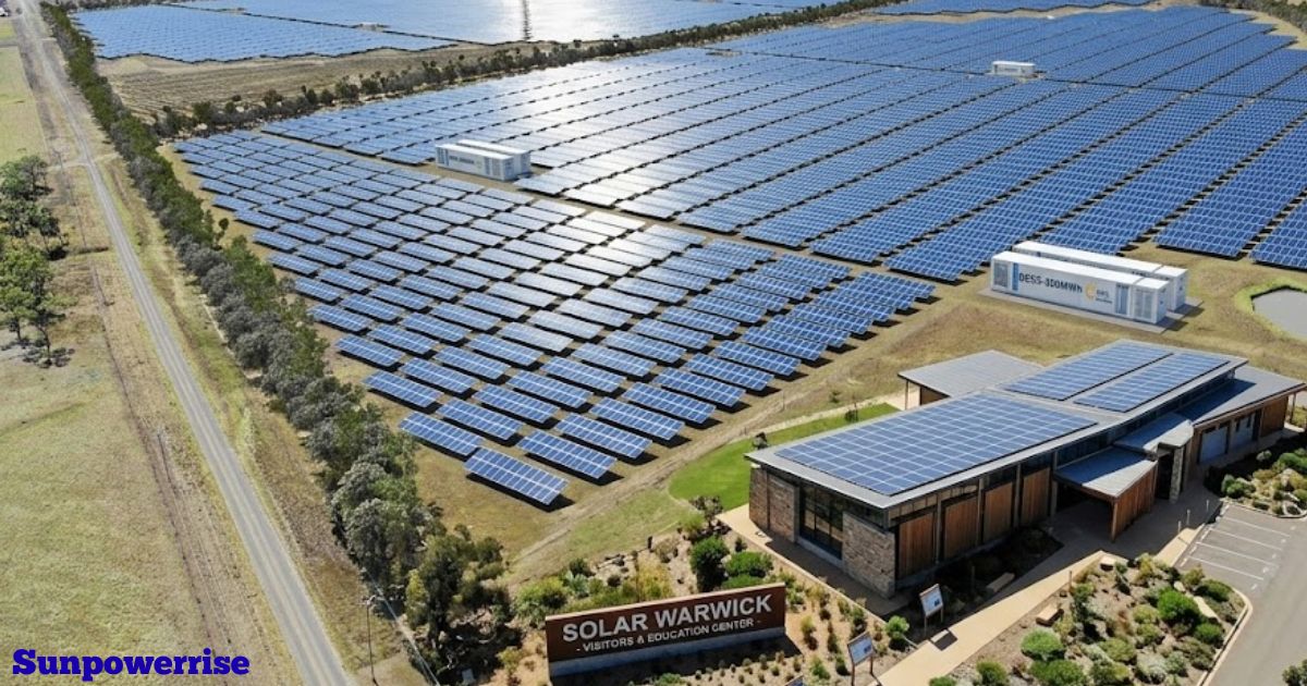 Solar Warwick farm with thousands of photovoltaic panels producing renewable electricity.