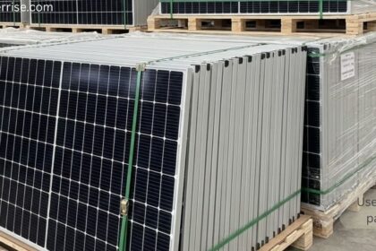 Stacked used solar panels prepared for recycling, resale, and sustainable energy projects.